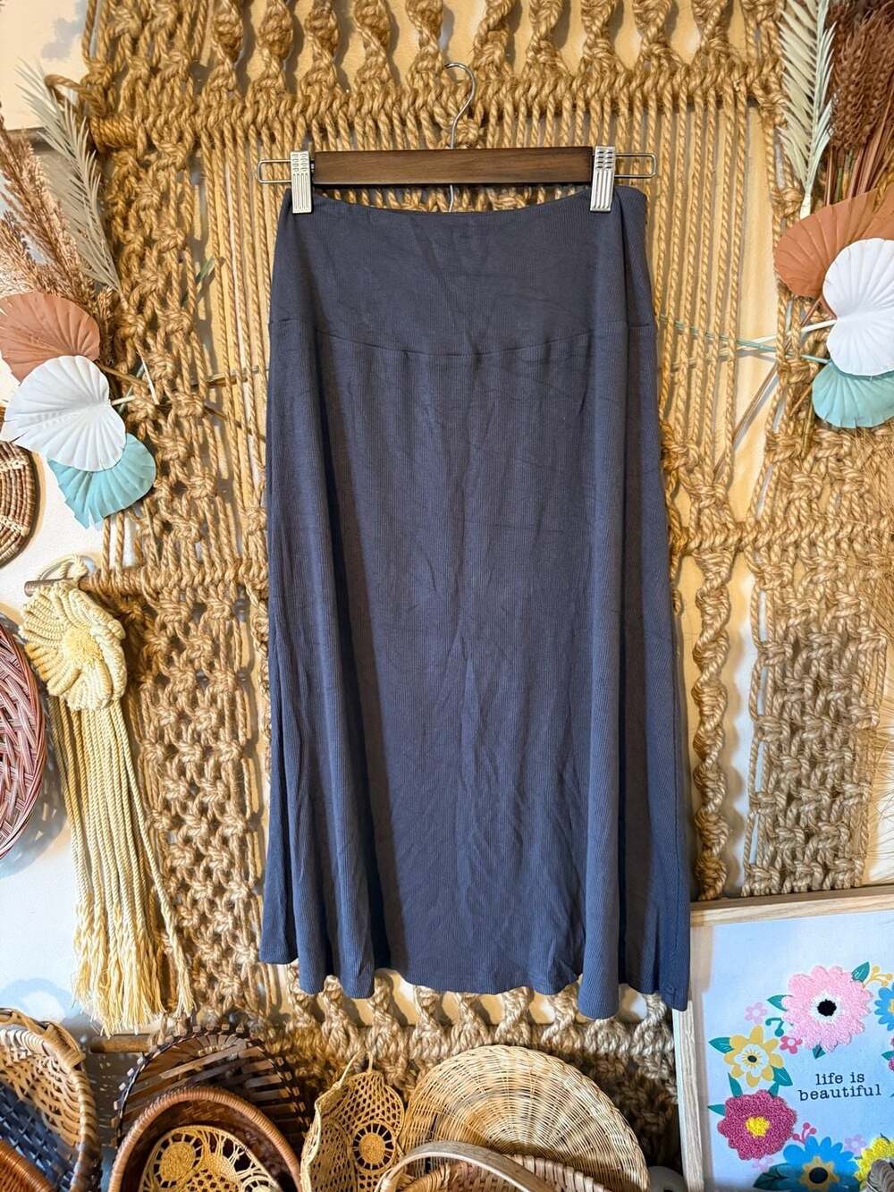 Recollection Women's Ribbed Gray Midi Skirt Size Large